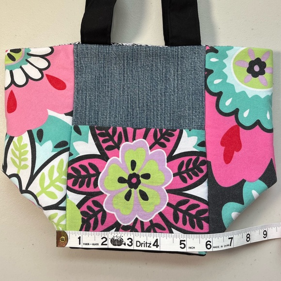 Upcycled, One Of A Kind Vibrant Floral Fabric & Denim Patchwork Bag - Picture 13 of 16